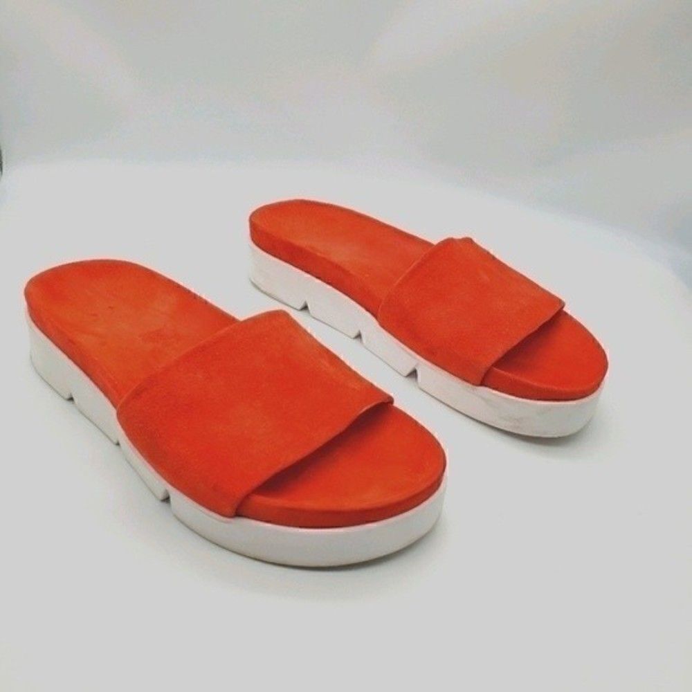 𝅺STUART WEITZMAN Landslide Suede Slide Sandals Red Orange Size 6M